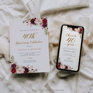 Burgundy Anniversary Invitation Bundle, Digital Anniversary Invitation Template, Anniversary Invitation Printable, Editable Template, BAC175
