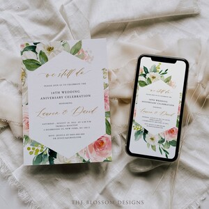 Roze bloemen verjaardagsuitnodigingsbundel, digitale verjaardagsuitnodigingsjabloon, verjaardagsuitnodiging afdrukbare, bewerkbare sjabloon, FAC174