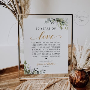 May include: A framed sign for a 50th wedding anniversary. The sign displays "50 Years of Love" in gold script, with a list of significant dates and achievements. Floral decorations and the names "Jessica & Mathew" are also included.