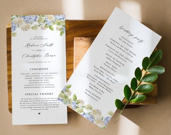 May include: Wedding ceremony program with blue and white floral design. The program includes the officiant, parents of the bride and groom, maid of honor, best man, bridesmaids, groomsmen, flower girl, and ring bearer.