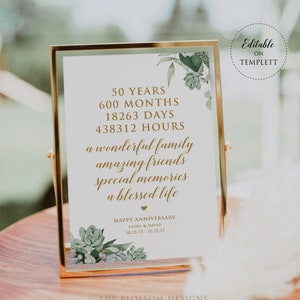 Happy 50th Anniversary, Greenery Wedding Anniversary Sign, Anniversary Sign Printable, Anniversary Decoration, Editable Template, SEAC325