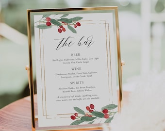 May include: A gold-framed sign with a white background and a red and green floral design. The sign reads "The Bar" and lists the available drinks: beer, wine, and spirits. The text includes the names of specific brands and types of drinks.