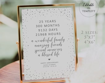 Happy 25th Anniversary, Silver Wedding Anniversary Sign, 25th Anniversary Sign Printable, Anniversary Gifts Idea, Editable Template, SIAC305