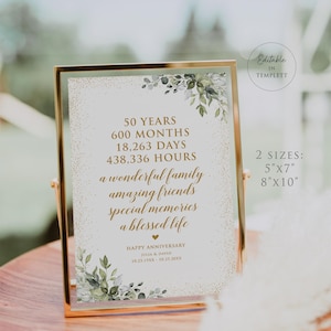 May include: A gold framed anniversary sign with text that reads "50 YEARS, 600 MONTHS, 18,263 DAYS, 438,336 HOURS" and "a wonderful family, amazing friends, special memories, a blessed life." The sign is 12.7cm x 17.8cm or 20.3cm x 25.4cm.