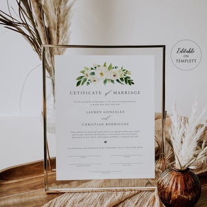 Heiratszertifikat, Greenery Hochzeitszertifikat, Hochzeitsandenken, Zertifikatsschild, Zertifikatvorlage, Bearbeitbare Vorlage, WF32