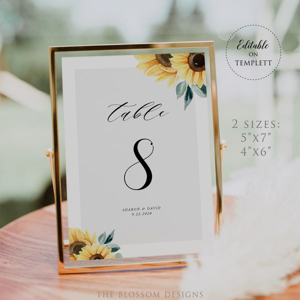 Sunflower Table Number Card Template, Sunflower Table Number, Wedding Table Number Printable, Floral Wedding, Wedding Table Decoration, SF11