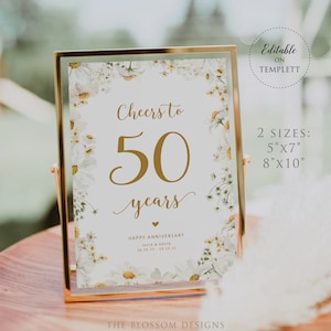 Cheers to 50 Years Sign, Daisy Wedding Anniversary Sign, Anniversary Sign Printable, Anniversary Decoration, Editable Template, DAC243