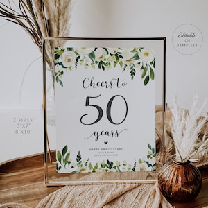 50周年を祝うサイン、緑の結婚記念日サイン、記念日サインの印刷、記念日の装飾、編集可能なテンプレート、WAC171
