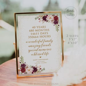 Burgundy Floral 40th Anniversary Sign, Milestone Gift Printable, Editable Template (Digital Download), BAC149