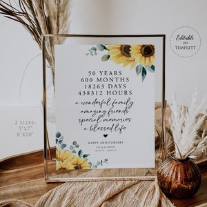 Alles Gute zum 50-jährigen Jubiläum, Sonnenblume Hochzeitsjubiläum Zeichen, Jubiläum Zeichen druckbar, Jubiläum Geschenk Idee, bearbeitbare Vorlage, SAC158