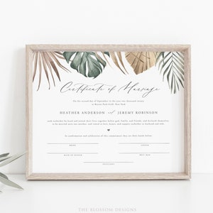 Heiratsurkunde, Tropische Hochzeitsurkunde, Hochzeitsandenken, Zertifikatsschild, Zertifikatvorlage, Bearbeitbare Vorlage, MO23