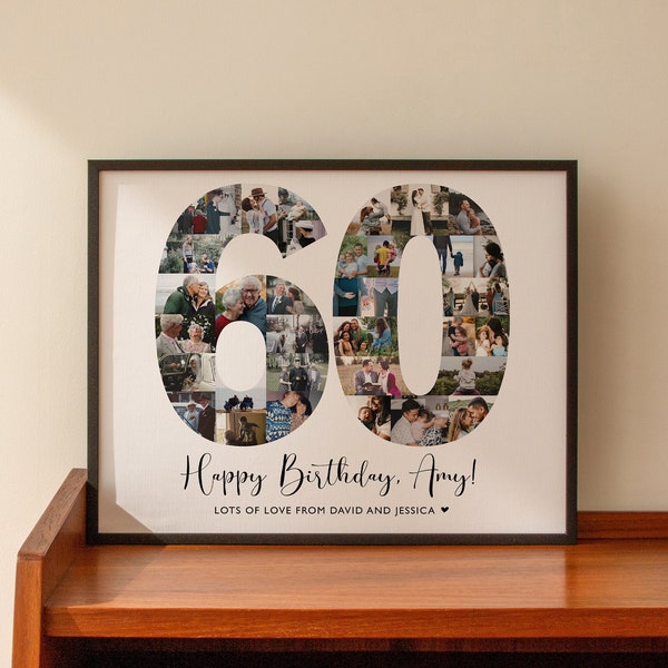 Cadeau personnalisé du 60e anniversaire, collage de photos numéro 60, cadeaux du 60e anniversaire, signe du 60e anniversaire, né en 1964, signe personnalisé, SWI15