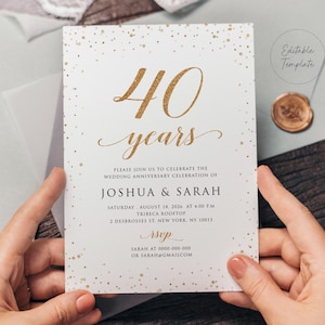 Faire-part 40e anniversaire de mariage, invitation anniversaire de mariage en or, anniversaire de mariage imprimable, invitation anniversaire, modèle modifiable, GAC24a