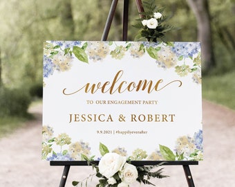 Hydrangea Engagement Party Welcome Sign, Blue Floral Sign Printable, Custom Design (Digital File), PS05