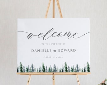 Pine Tree Wedding Welcome Sign Template, Greenery Wedding Welcome Sign, Winter Wedding Decor, Wedding Welcome Sign Printable, Editable, PT27