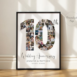 Custom 10th Anniversary Gift, Number 10 Year Picture Collage, Anniversary Gifts for Couple, Married in 2014, Personalized Sign, SWI06