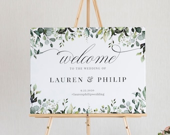 Panneau de bienvenue de mariage verdure rustique, modèle modifiable (téléchargement numérique), HC13