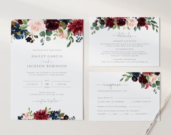 Burgundy Navy Floral Wedding Invitation Suite, Editable Template (Digital Download), BN04