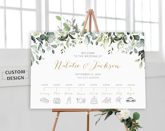 Placa de boas-vindas para casamento com cronograma, pôster imprimível com a ordem dos eventos, design personalizado (arquivos digitais), PS22