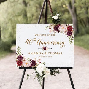 Letrero de bienvenida para el 40.º aniversario con diseño floral burdeos, póster de aniversario imprimible, diseño personalizado (archivos digitales), BAC2