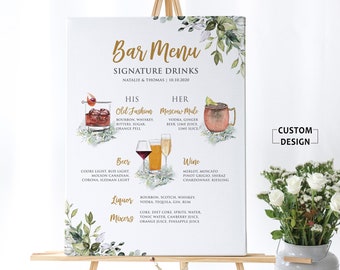 Bar Menu Signs, Signature Drink Bar Menu, Wedding Bar Menu, Wedding Bar Signs, Bar Wedding Poster, Greenery Wedding Decor, Greenery Bar Menu