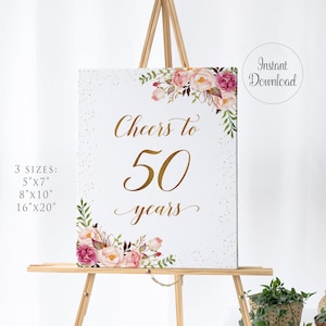 Cheers tot 50 jaar teken, Floral Cheers tot 50 jaar teken, 50e verjaardag teken afdrukbaar, jubileum decoratie, Instant Download, PAC10