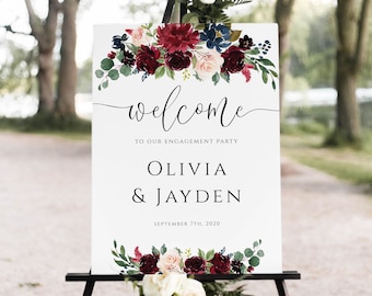 Engagement Party Welcome Sign, Wedding Welcome Sign Printable, Burgundy Engagement Sign, Marsala Wedding Welcome Sign, Editable Sign, BN16