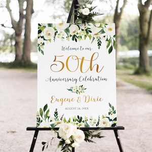 Panneau de bienvenue d'anniversaire floral blanc, affiche d'anniversaire de verdure imprimable, conception personnalisée (fichier numérique), WAC1