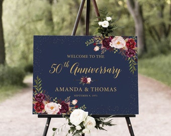 Burgundy Navy 50th Anniversary Welcome Sign, Golden Anniversary Poster Printable, Custom Design (Digital Files)