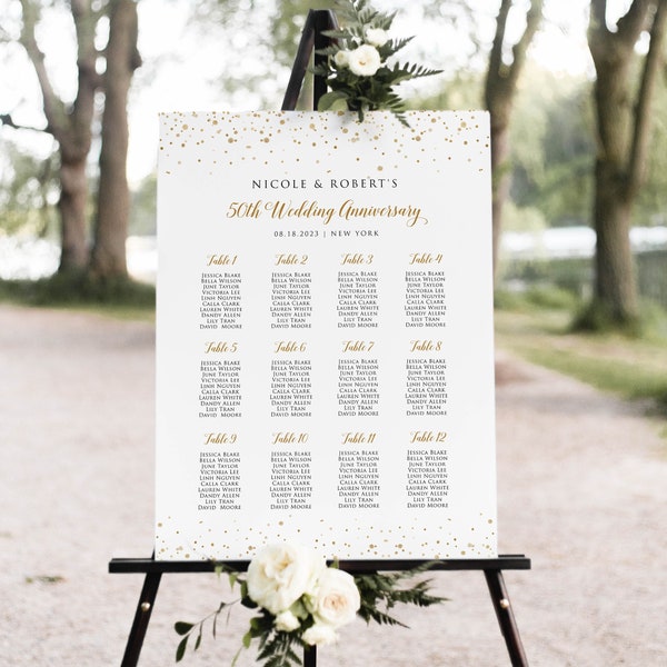 Gold Wedding Seating Chart, Wedding Seating Plan Template, Anniversary Seating Chart Printable, Table Chart, Editable Template, GAC312