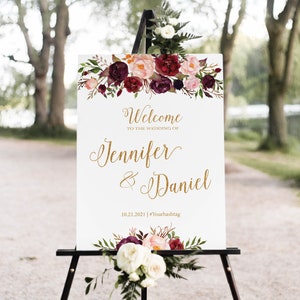 Signo de bienvenida de boda, Letrero de bienvenida de boda imprimible, Signo de bienvenida de boda de Borgoña, Signo de bienvenida de boda de oro, Signo de bienvenida de boda de Marsala
