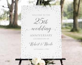 Poster anniversario in argento, segno per il 25° anniversario di matrimonio, segno per l'anniversario stampabile, decorazione per il 25° anniversario, segno personalizzato, SIAC1