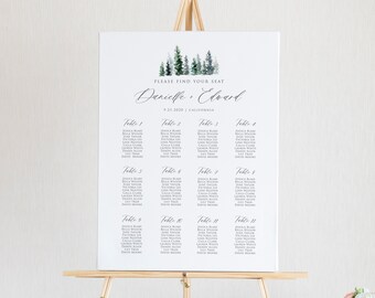 May include: A white wedding seating chart with a watercolor illustration of a forest at the top. The chart lists the names of guests assigned to each table number. The text at the top reads "Please find your seat Danielle. Elvarl 9.21.2020 | California".