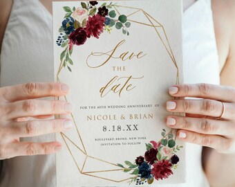 Burgundy Floral 40th Anniversary Save the Date, Editable Template (Digital Download), NBAC188