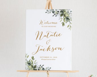 Panneau de bienvenue de mariage verdure, modèle imprimable et modifiable (téléchargement numérique), HC02