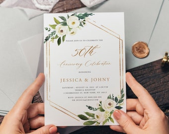 50th Anniversary Invitation, Greenery Wedding Anniversary Invite, Wedding Anniversary Printable, 50th Anniversary , Editable Template, WAC01