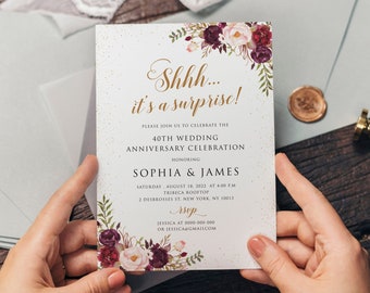 Shhh... It's a Surprise Anniversary Invitation, Burgundy Anniversary Invite Printable, Surprise Anniversary Party, Editable Template, BAC153