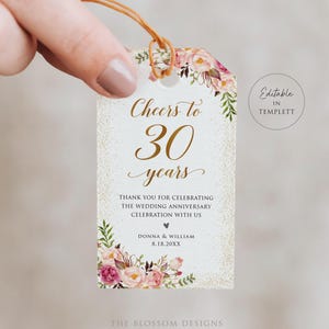 Floral Anniversary Favor Tag, Cheers to 30 Years Printable, Editable Template (Digital Download), PAC68
