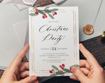 May include: A Christmas party invitation with a gold frame and watercolor holly berries. The invitation reads "Join us for a Christmas Party" and includes the date "Saturday 24 December".