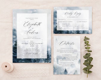Wedding Invitation Template, Wedding Invitation, Dusty Blue Wedding Invitation, Wedding Invitation Printable, Navy Blue Forest, PT25