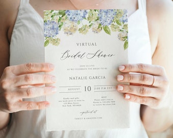 May include: A virtual bridal shower invitation featuring a watercolour floral design in shades of blue and green. The invitation includes the text "VIRTUAL Bridal Shower" and details such as the bride-to-be's name, date, time, and RSVP information.