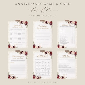Puede incluir: Un conjunto de seis tarjetas de juego imprimibles para una celebración de aniversario. Las tarjetas presentan un diseño floral con acentos burdeos, rosa y dorado. Las tarjetas incluyen juegos como "Encuentra la frase", "Marido o esposa", "Adivina quién soy", "Encuentra al invitado" y "Quién conoce mejor a la pareja de aniversario".