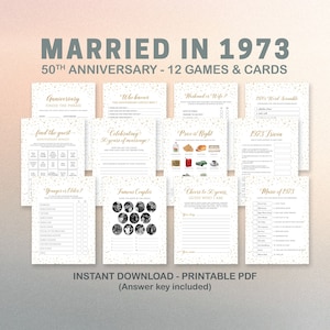 Paquete de juegos del 50 aniversario, juegos de fiesta de aniversario imprimibles, conjunto de juegos Casados en 1973, 12 juegos incluidos, descarga instantánea, GAC37a