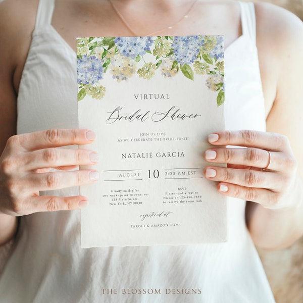 Blue Hydrangea Virtual Bridal Shower Template, Social Distance Bridal Shower Invitation, Bridal Shower Invitation, Editable Template, BH08