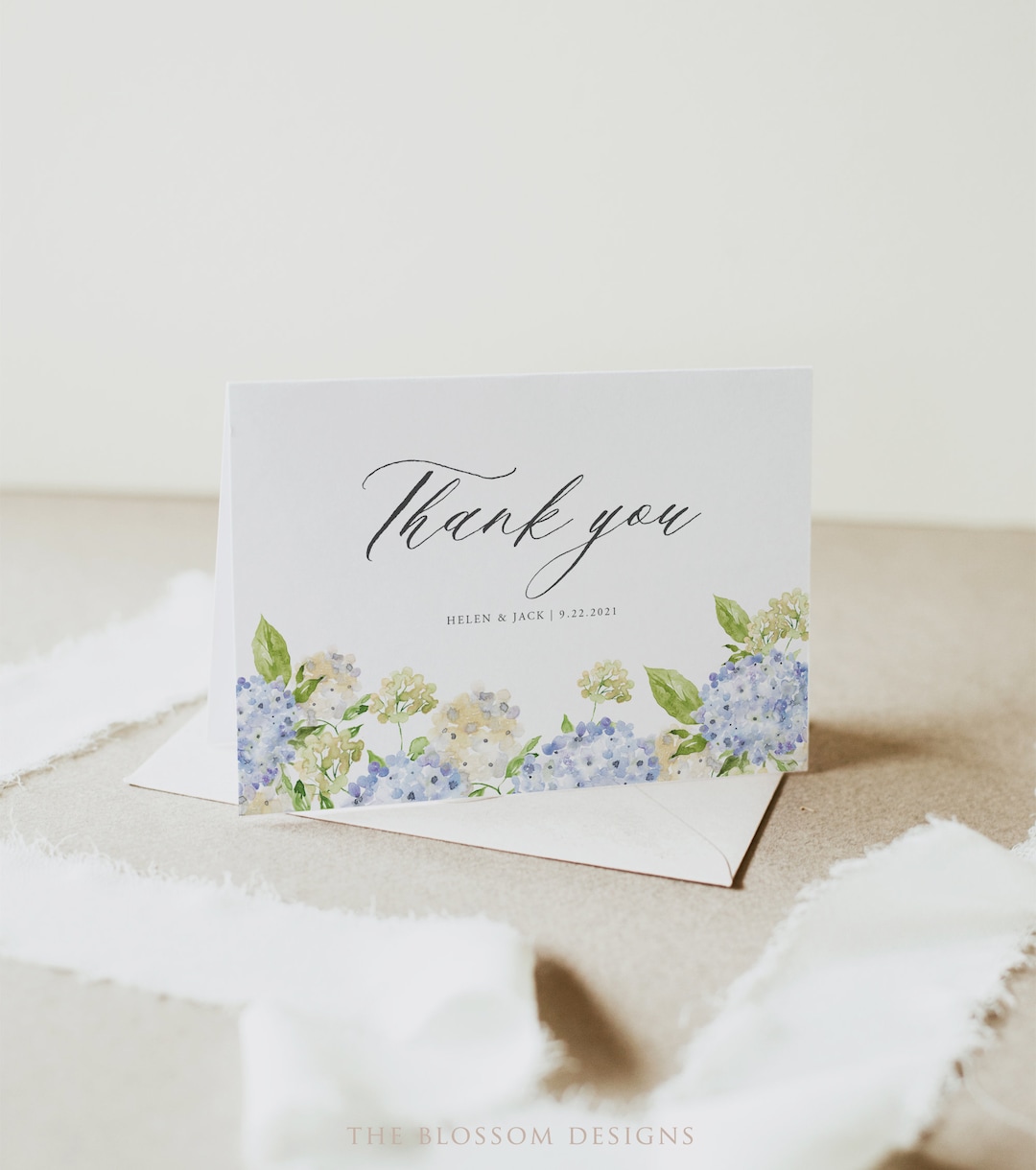 Hydrangea Thank You Card Template, Blue Floral Folded Card Printable ...