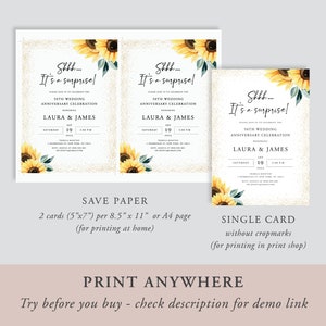 May include: Two printable 5x7 inch cards with a sunflower design and gold glitter background. The text on the cards reads "Shhh... It's a surprise!" and includes the details for a 50th wedding anniversary celebration. The cards are available as a single card or two cards per 8.5x11 inch page.