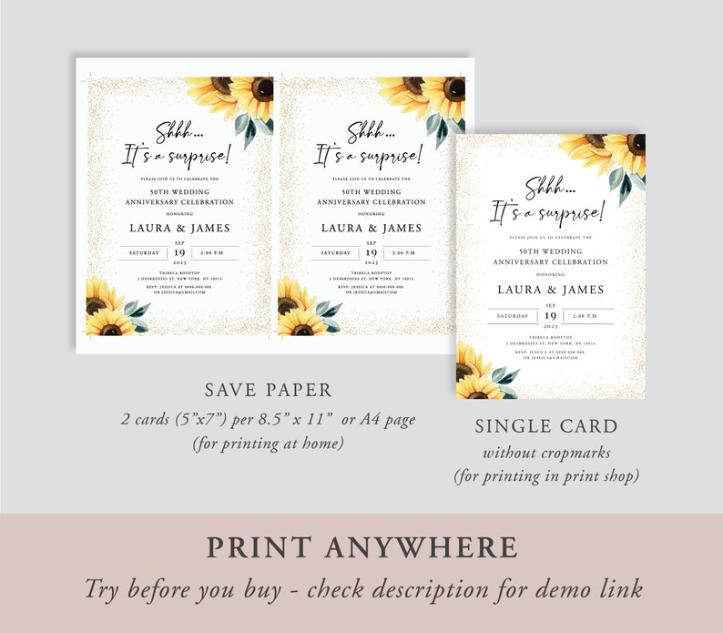 May include: Two printable 5x7 inch cards with a sunflower design and gold glitter background. The text on the cards reads "Shhh... It's a surprise!" and includes the details for a 50th wedding anniversary celebration. The cards are available as a single card or two cards per 8.5x11 inch page.