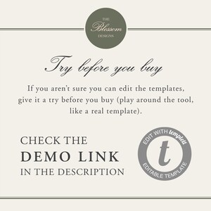 May include: Cream-colored graphic with text that reads "Try before you buy" and "Check the demo link in the description." A circular logo at the top says "The Blossom Designs." A gray circle with the text "Edit with Templett" and a "t" is in the bottom right.