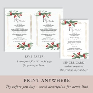 May include: Printable Christmas menu cards with a gold frame and red berries. The cards are designed for printing at home or at a print shop. The text on the cards reads "Menu" and lists the starter, main course, and dessert.