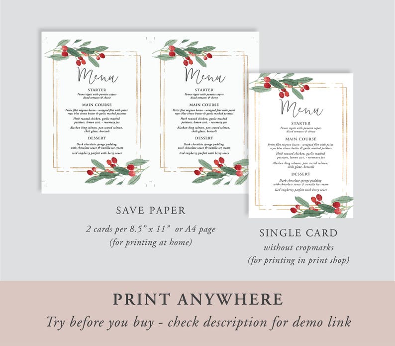 May include: Printable Christmas menu cards with a gold frame and red berries. The cards are designed for printing at home or at a print shop. The text on the cards reads "Menu" and lists the starter, main course, and dessert.